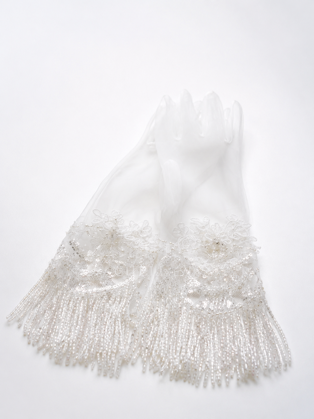 White Mesh Lace Beaded Tassel Bridal Short Gloves for Wedding and Banquet  LUNA-X188