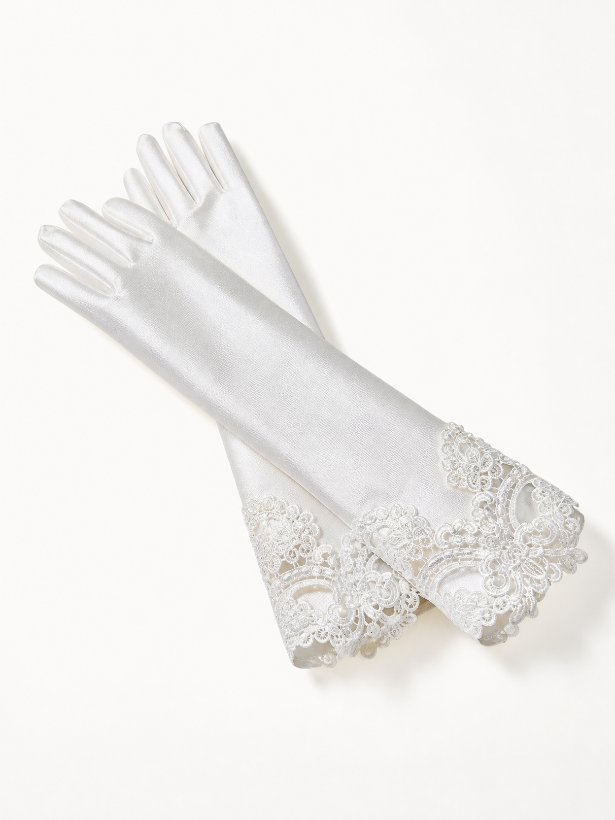 Ivory Satin Long Bridal Gloves with French Embroidery for Wedding LUNA-X185