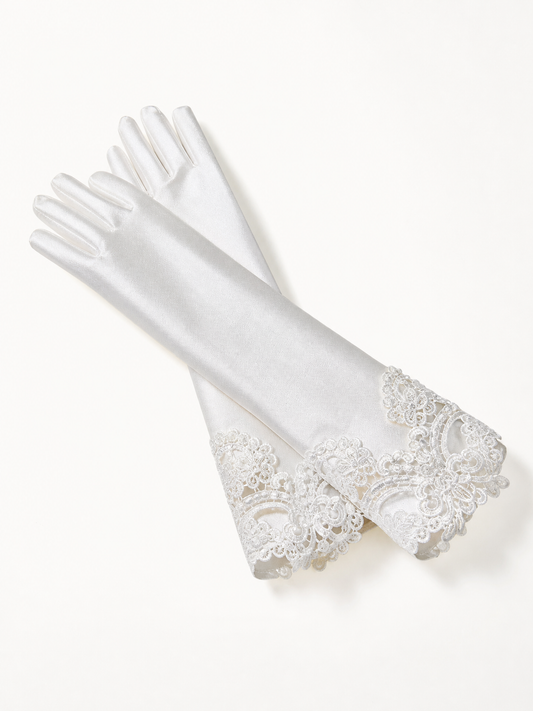 Ivory Satin Long Bridal Gloves with French Embroidery for Wedding LUNA-X185