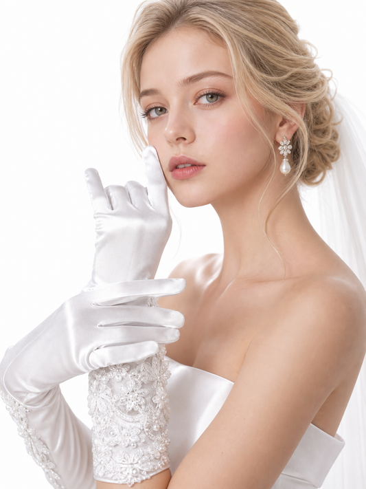 Premium White Satin Wedding Gloves, Bridal Gloves with Detailed Lace and Pearl Embellishments, Elegant Bridal Wear LUNA-X183