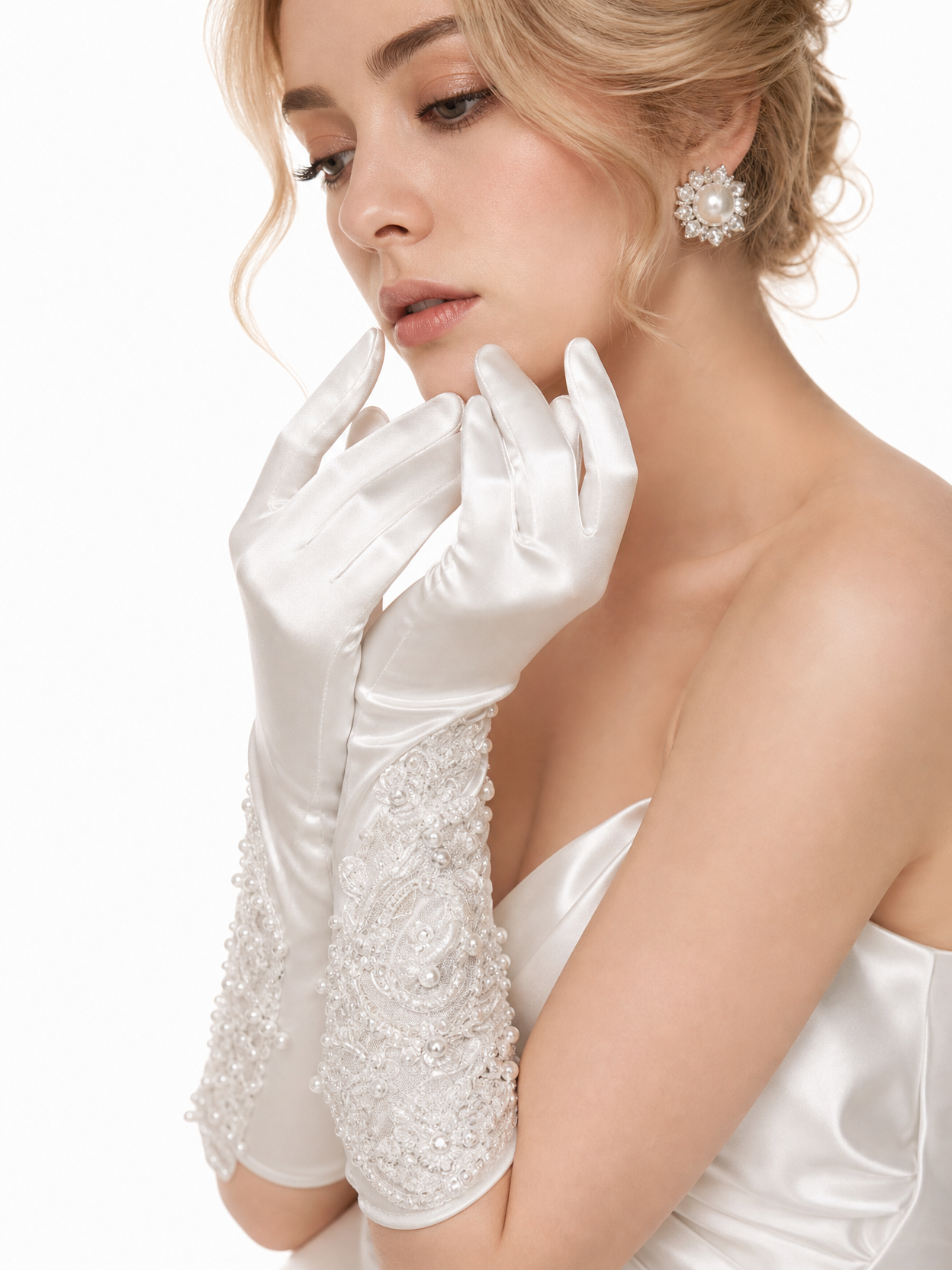 Premium White Satin Wedding Gloves, Bridal Gloves with Detailed Lace and Pearl Embellishments, Elegant Bridal Wear LUNA-X183
