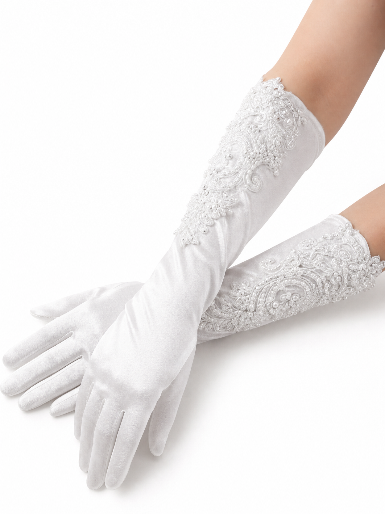 Premium White Satin Wedding Gloves, Bridal Gloves with Detailed Lace and Pearl Embellishments, Elegant Bridal Wear LUNA-X183