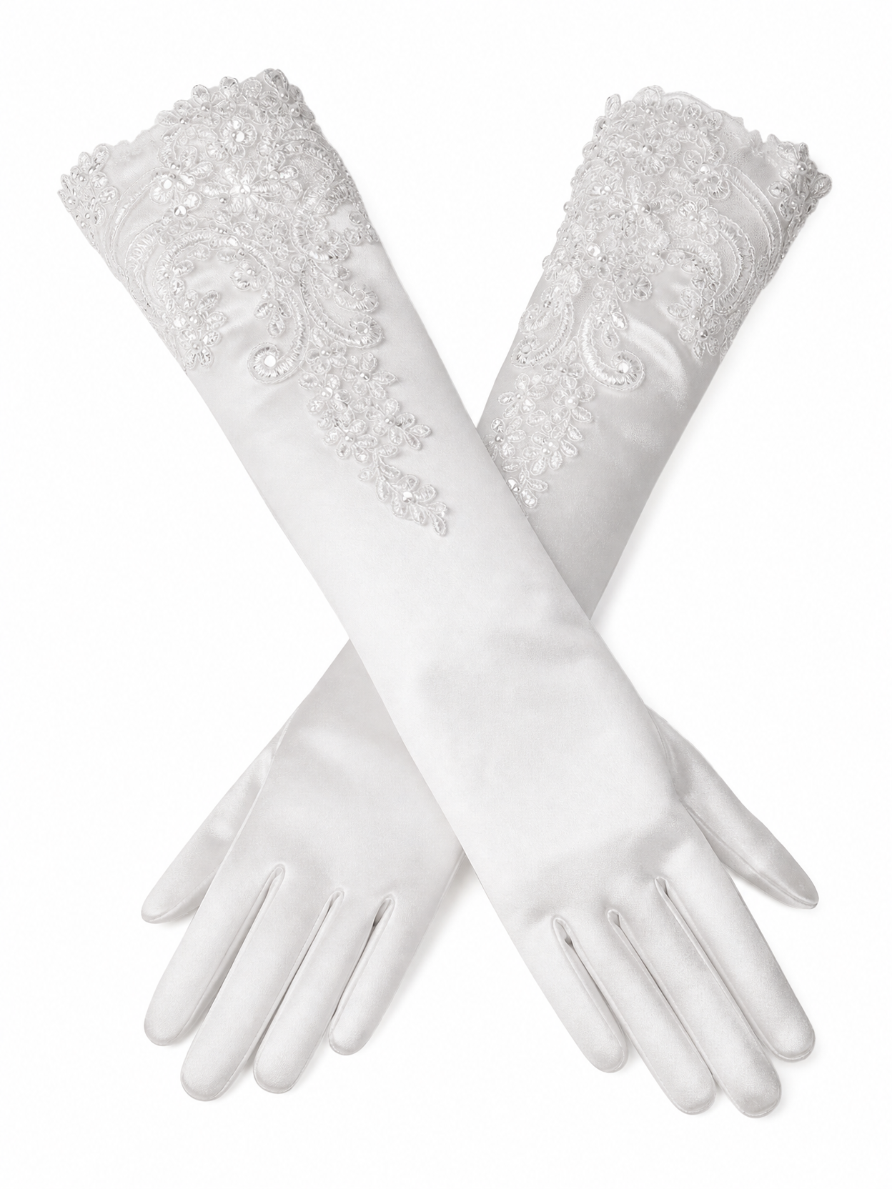 Premium White Satin Wedding Gloves, Bridal Gloves with Detailed Lace and Pearl Embellishments, Elegant Bridal Wear LUNA-X183