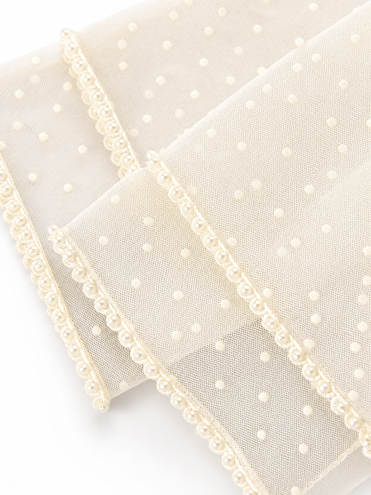 Vintage French Polka Dot Mesh Bridal Gloves, Short Tulle Wedding Gloves with Pearl Vine Embroidery and Double Ruffle Cuffs (35cm) LUNA-X182