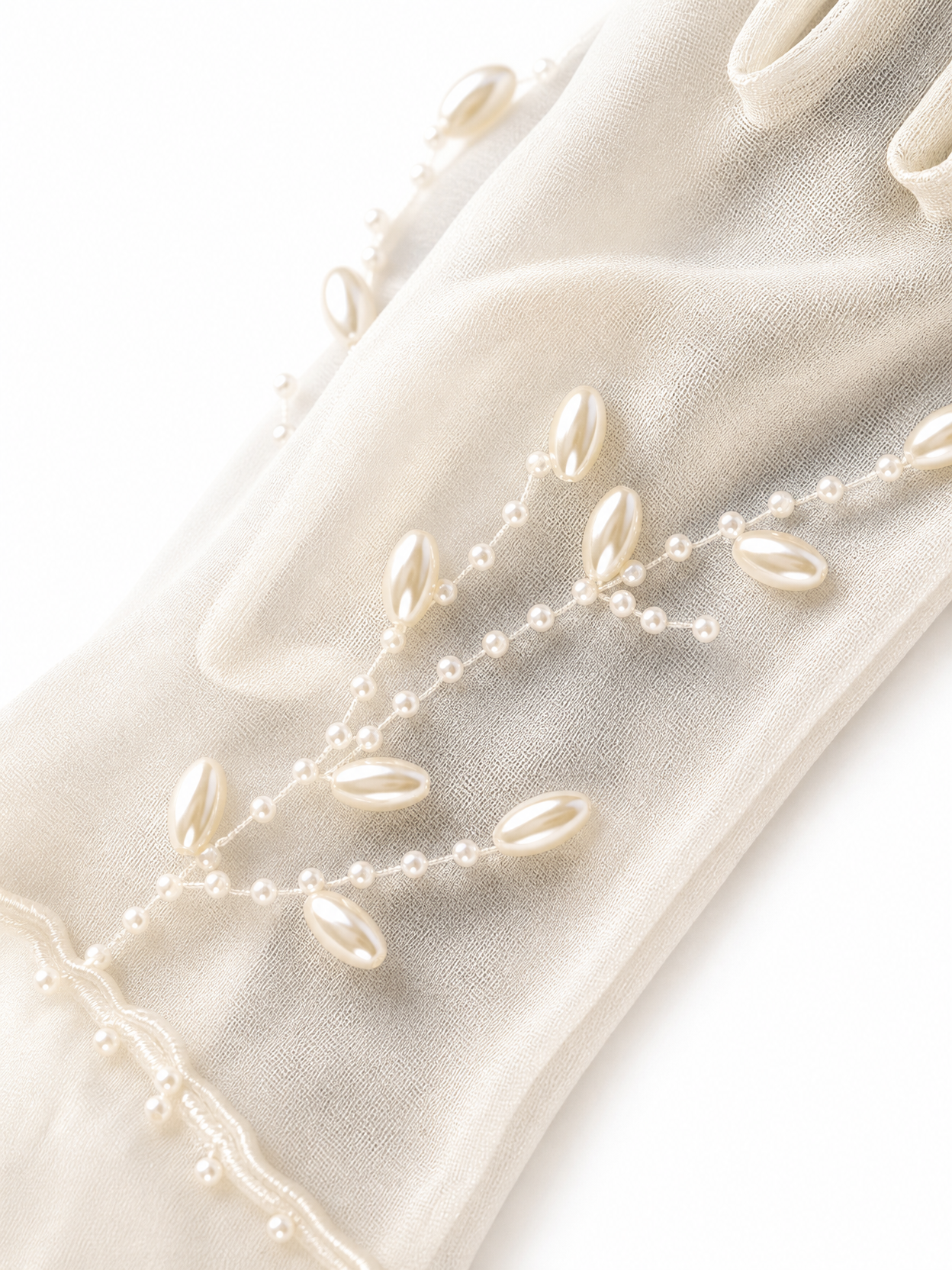 Vintage French Polka Dot Mesh Bridal Gloves, Short Tulle Wedding Gloves with Pearl Vine Embroidery and Double Ruffle Cuffs (35cm) LUNA-X182
