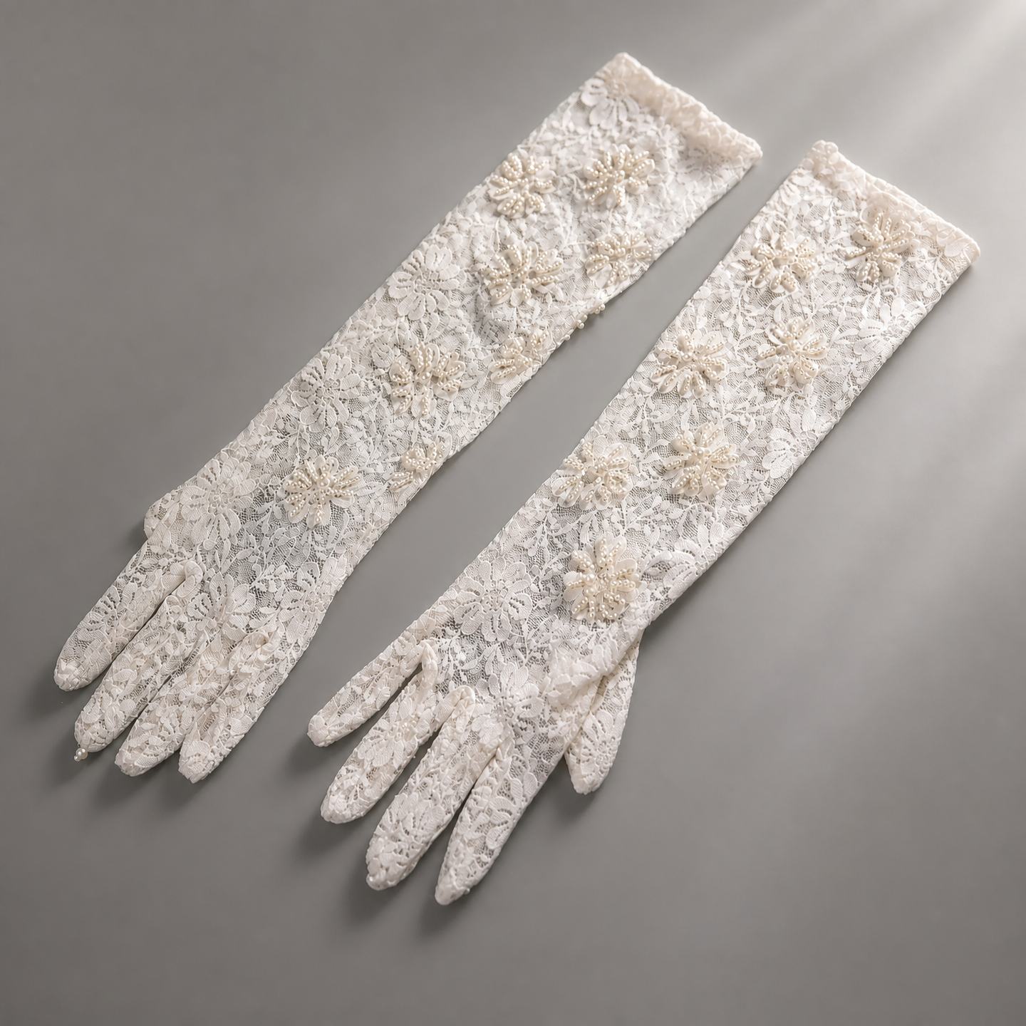 "Teenage Dream" 39cm Vintage Lace Bridal Gloves, Full Finger Sheer Floral Wedding Gloves with Hand-Stitched Pearl Accents LUNA-X178