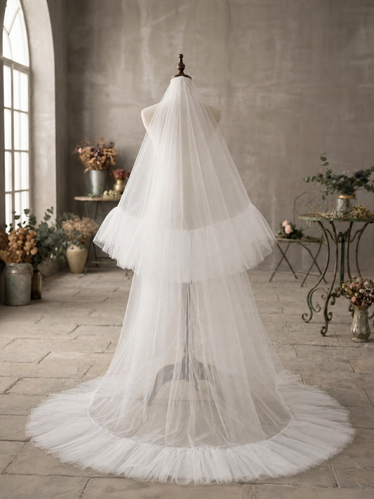 Luxury 2-Tier Ruffle Chapel Veil with Blusher - Milk White Soft Tulle Fluffy Frill Edge Wedding Veil, Voluminous Romantic Bride Headpiece  LUNA-X70