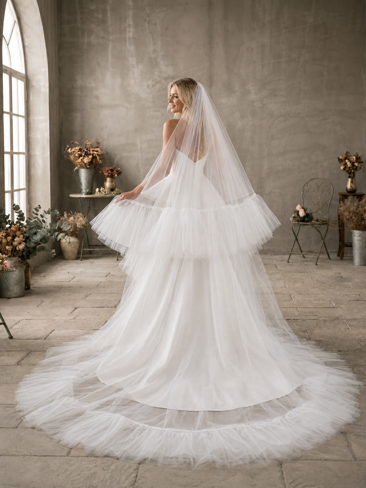 Luxury 2-Tier Ruffle Chapel Veil with Blusher - Milk White Soft Tulle Fluffy Frill Edge Wedding Veil, Voluminous Romantic Bride Headpiece  LUNA-X70