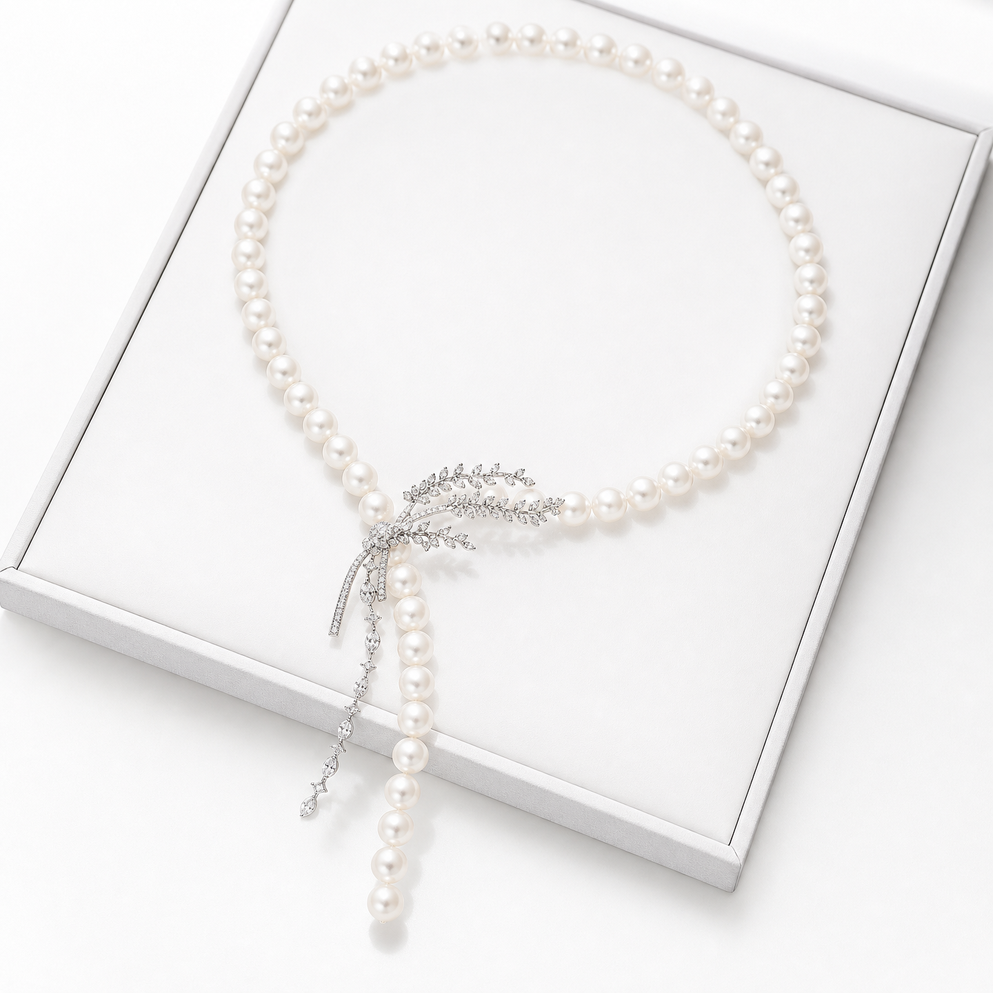 "Audrey's Garden" Freshwater Pearl & Marquise Zircon Leaf Drop Necklace, Platinum Plated Bridal & Timeless Cocktail Statement Jewelry LUNA-X167