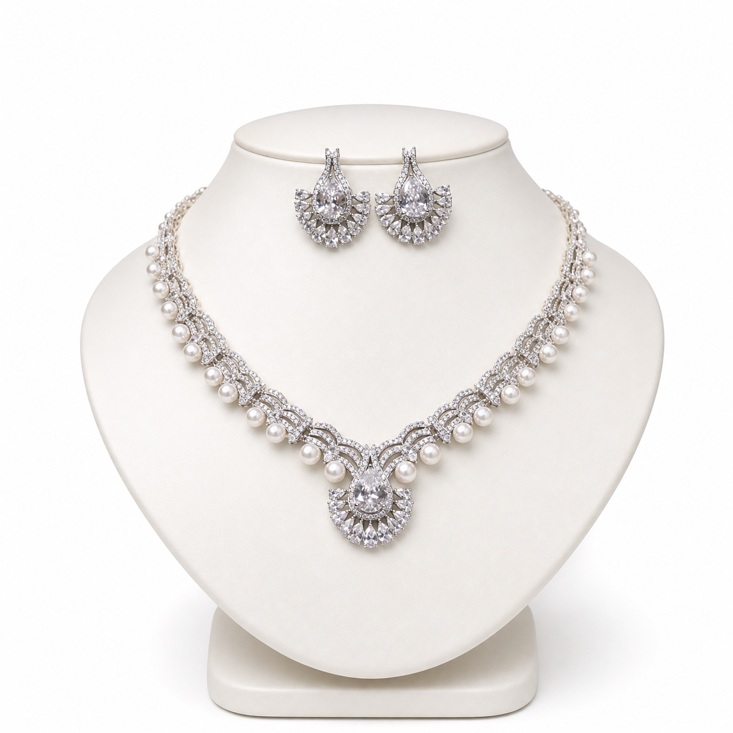 Royal V-Shaped Imitation Pearl Bridal Jewelry Set, Luxury Platinum Plated AAA Zircon Teardrop Choker Necklace & Marquise Statement Earrings Set LUNA-X166