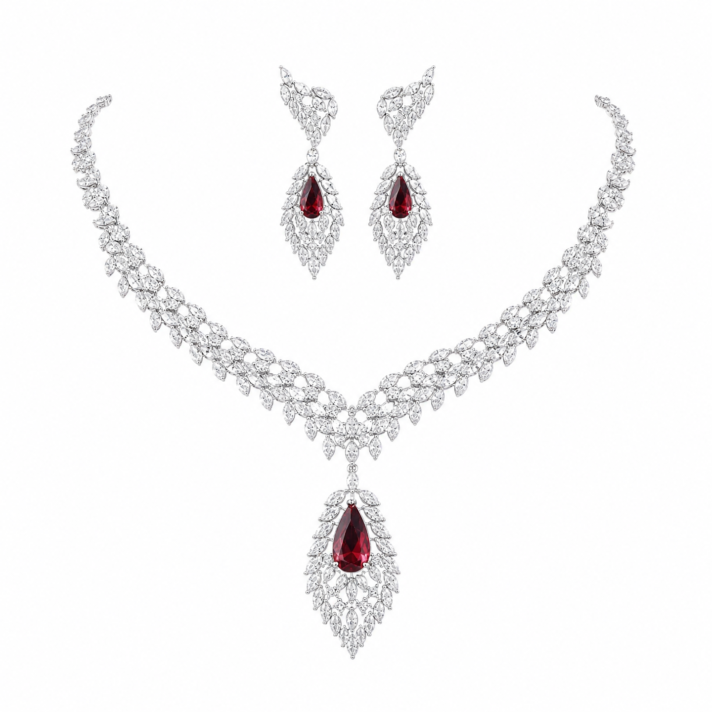 "Empress's Heritage" Vintage Big Leaf Pendant Jewelry Set, Radiant Royal Blue Ruby Red Crystal Fringe Choker & Luxury Prom Drop Earrings Duo  LUNA-X165