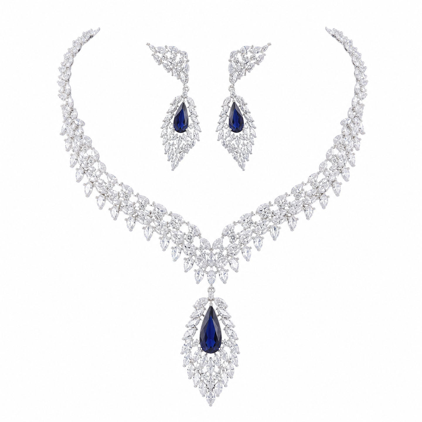 "Empress's Heritage" Vintage Big Leaf Pendant Jewelry Set, Radiant Royal Blue Ruby Red Crystal Fringe Choker & Luxury Prom Drop Earrings Duo  LUNA-X165