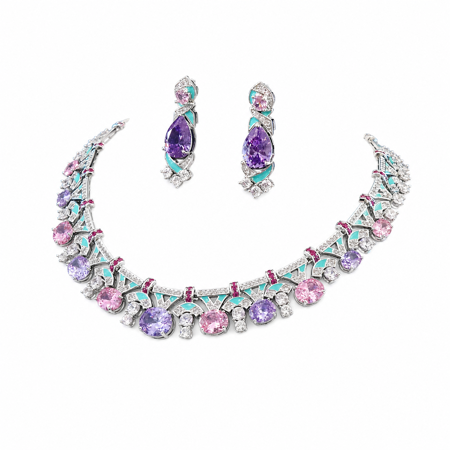 "Palace Garden Palette" Vintage Geometric Jewelry Set, Radiant Pastel Ombre Gemstone Cascade Fringe Necklace & Royal Drop Earrings Duo LUNA-X164