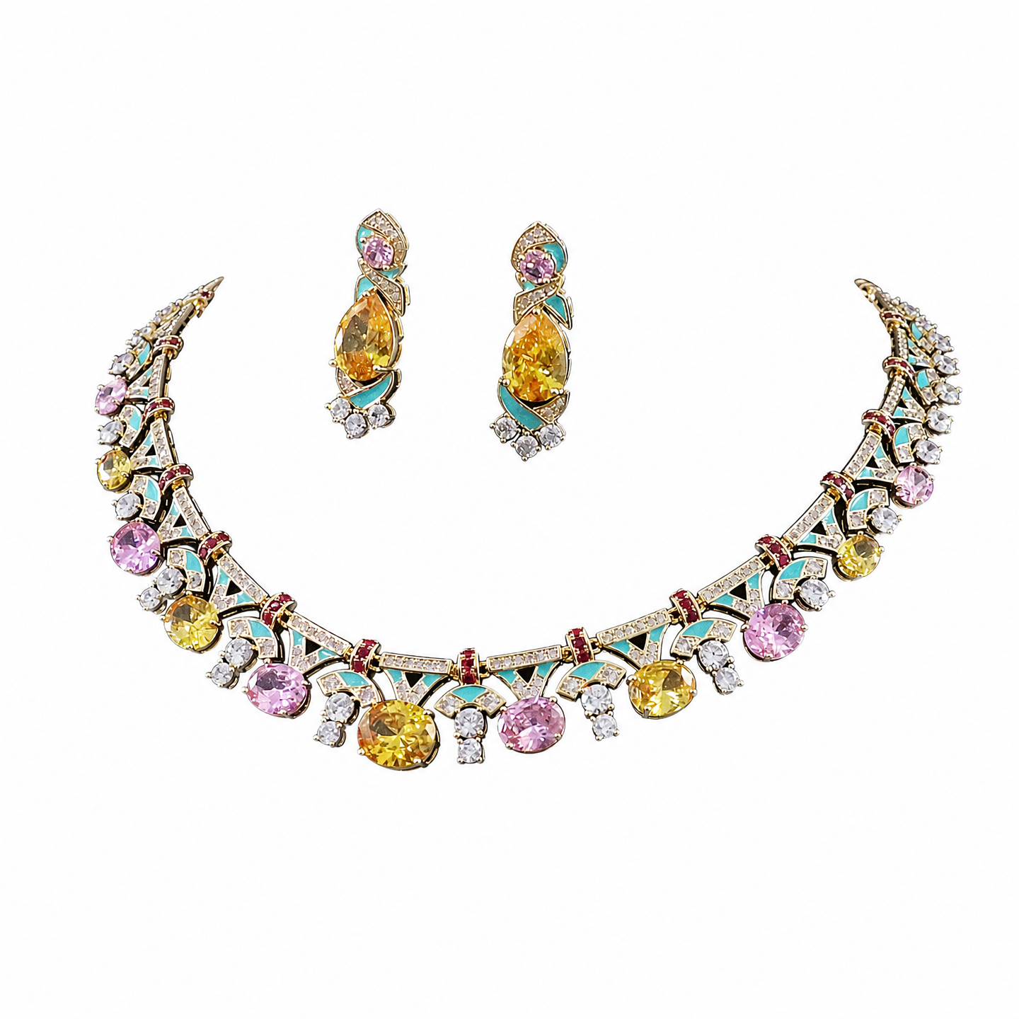"Palace Garden Palette" Vintage Geometric Jewelry Set, Radiant Pastel Ombre Gemstone Cascade Fringe Necklace & Royal Drop Earrings Duo LUNA-X164