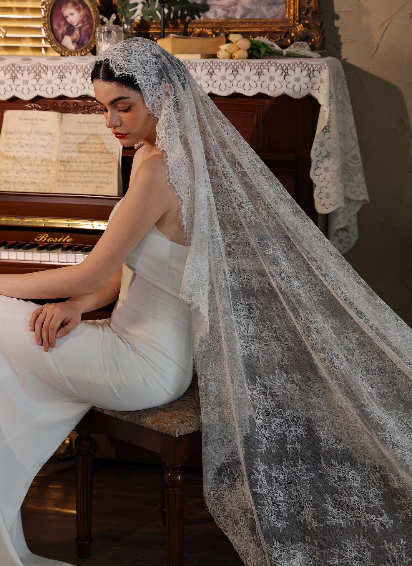 230x150cm vintage style all over lace single layer cathedral bridal veil in off-white