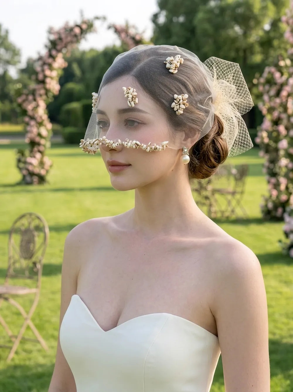 Elegant short bridal veil with fine netting and botanical-inspired hair accents