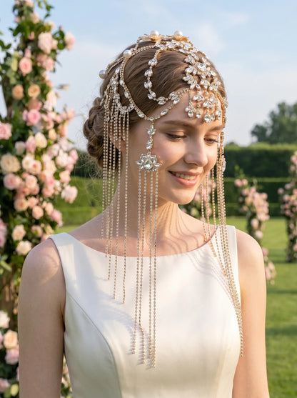 Gold rhinestone bridal head chain with pearl accents, long dangling tassel boho forehead headpiece for