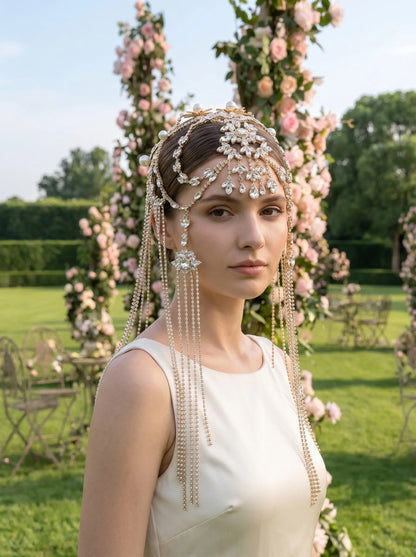 Gold rhinestone bridal head chain with pearl accents, long dangling tassel boho forehead headpiece for