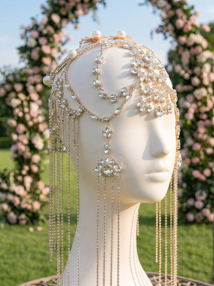 Gold rhinestone bridal head chain with pearl accents, long dangling tassel boho forehead headpiece for