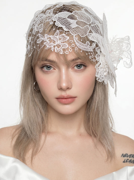 Bohemian lace wedding headband, white floral lace bridal headwear for vintage wedding look