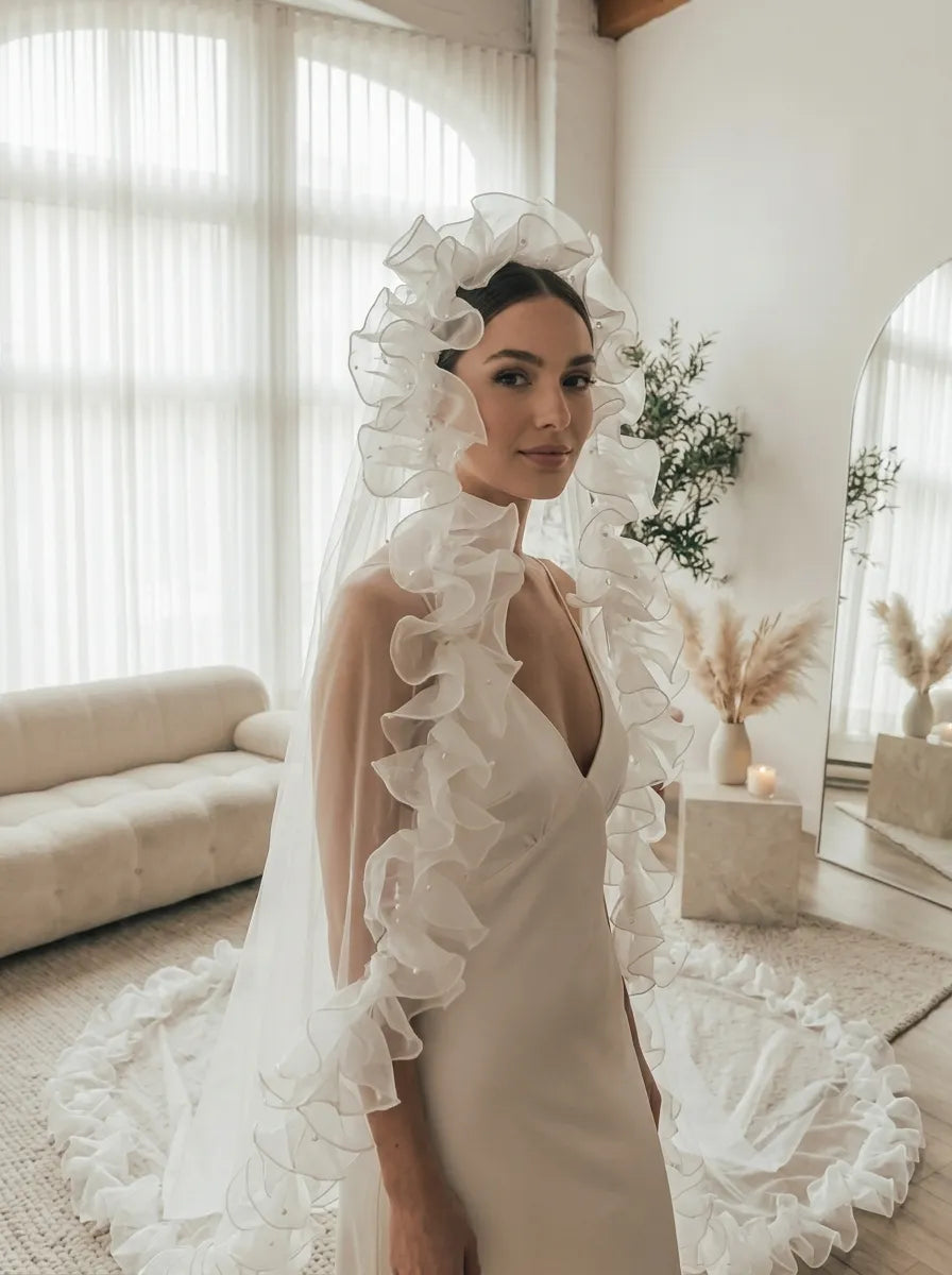bride wearing dramatic cathedral wedding veil for luxury wedding