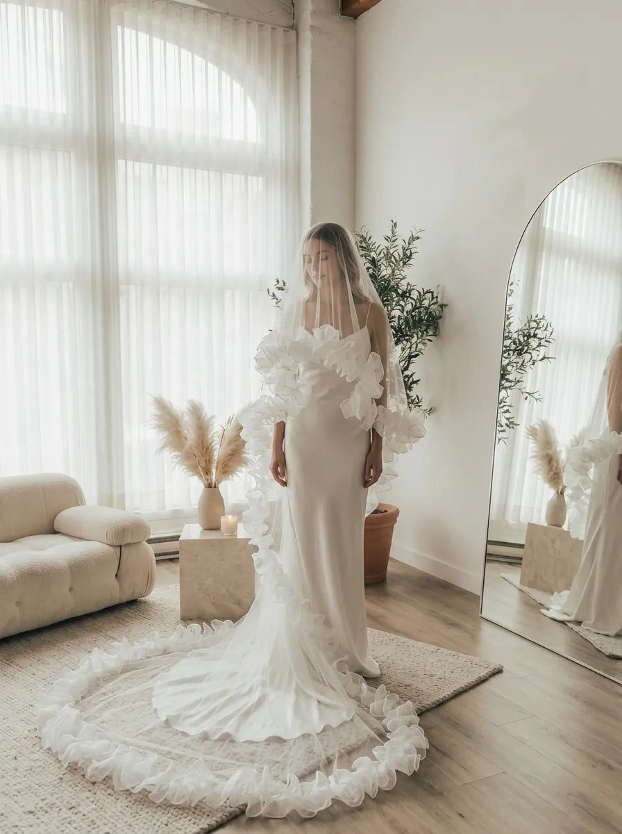 bride wearing dramatic cathedral wedding veil for luxury wedding