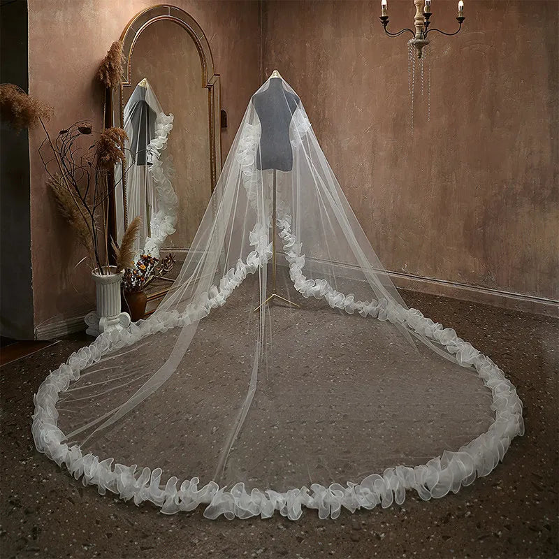 300x300cm single tier cathedral length bridal veil with voluminous ruffled cloud edge drape