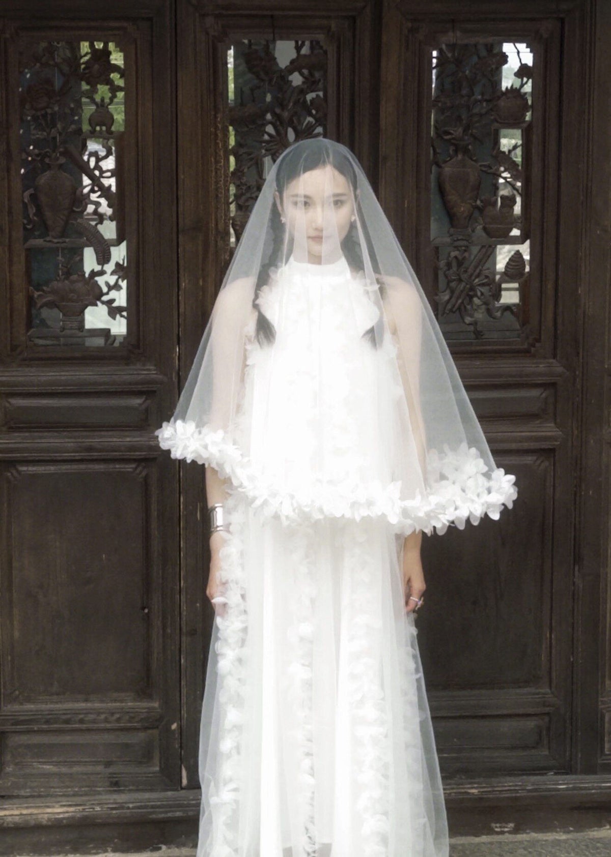 Floral edge drop veil for bride