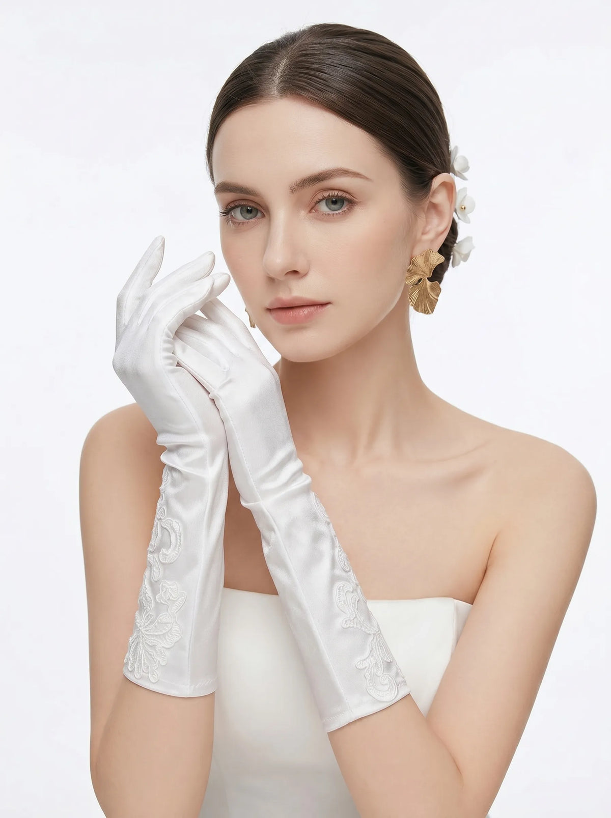 Soft satin mid-length wedding gloves with floral lace embroidery
