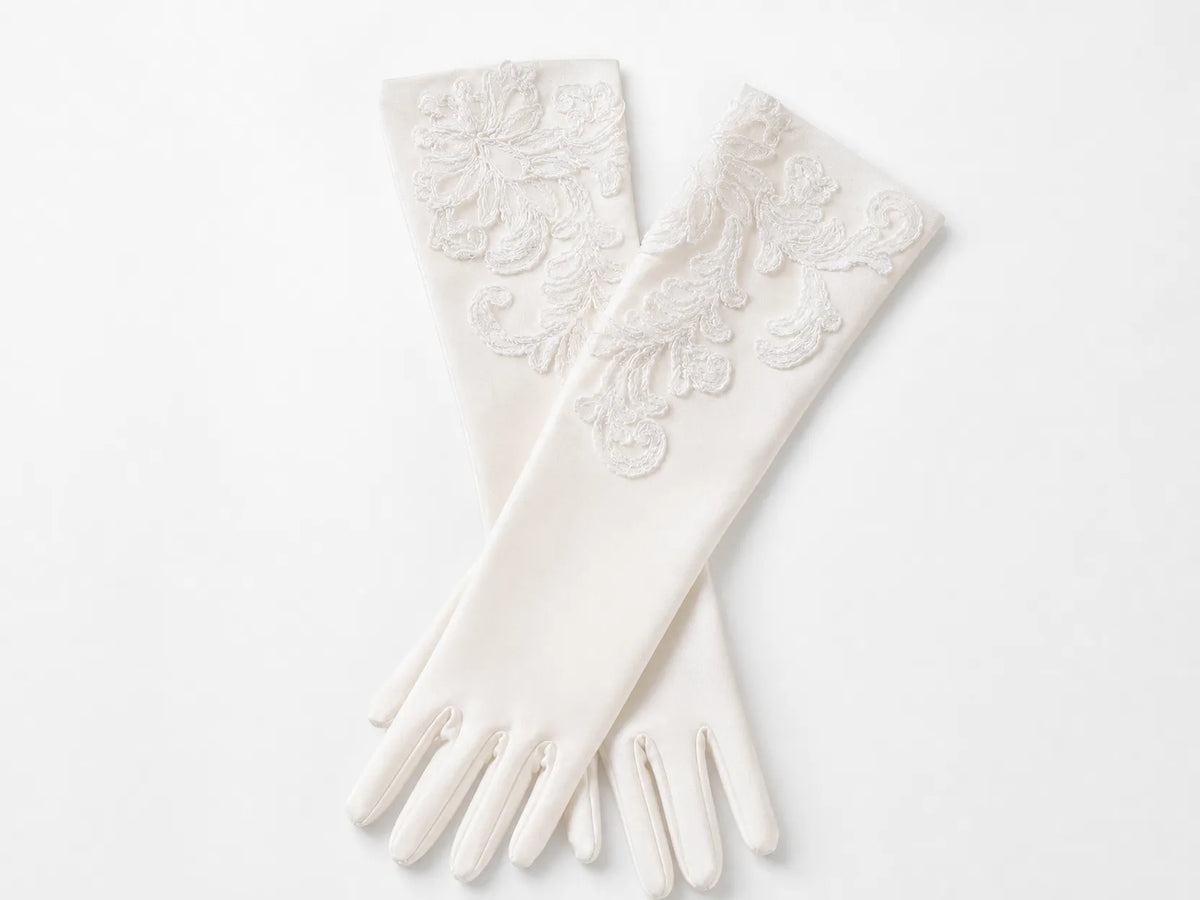 White satin full-finger wedding gloves with vintage lace appliqué