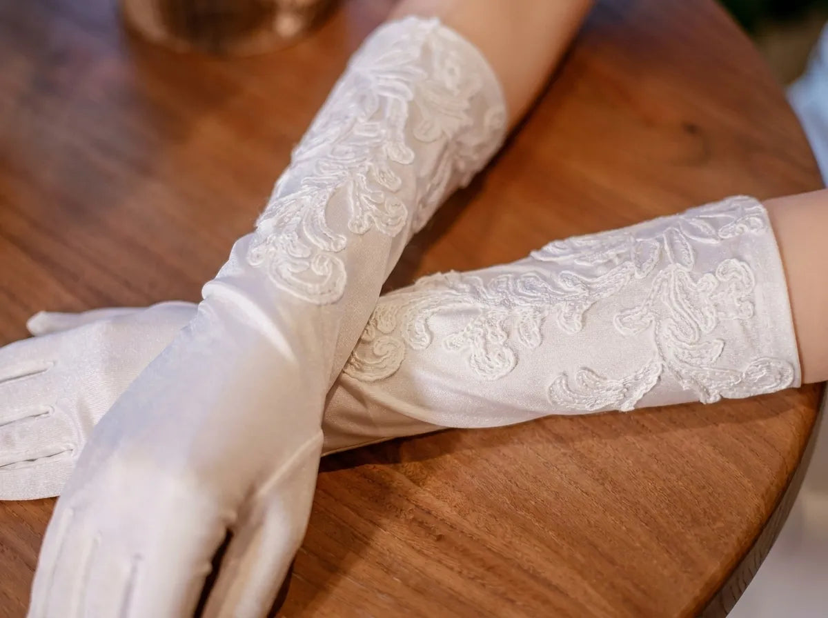 White satin full-finger wedding gloves with vintage lace appliqué