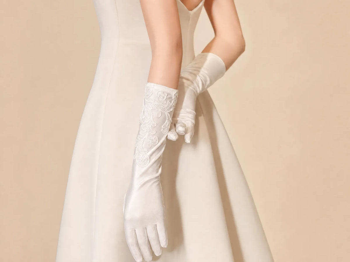 White satin full-finger wedding gloves with vintage lace appliqué
